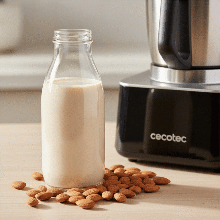 Leche de almendras recién hecha en botella de vidrio, almendras crudas y robot Mambo de Cecotec al fondo.