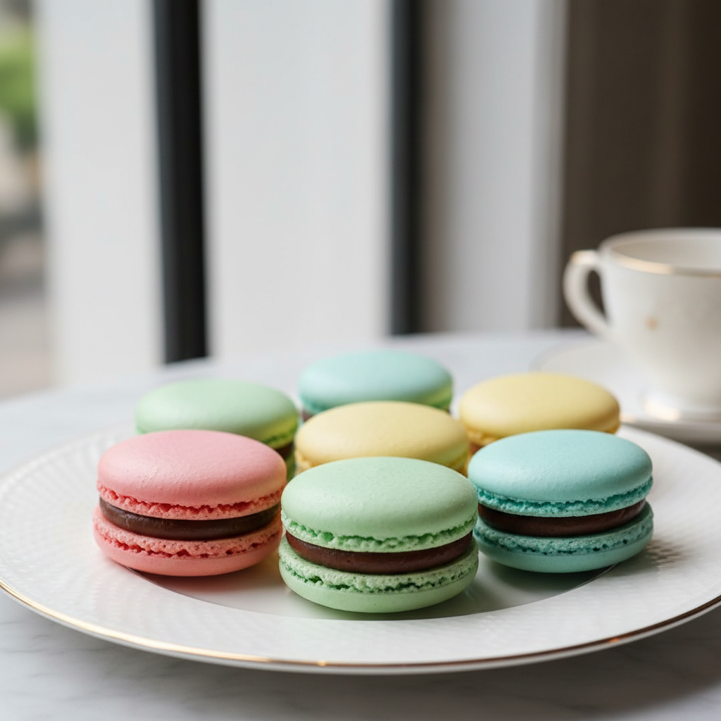 Macarons de varios colores con un relleno cremoso de chocolate, preparados con Mambo de Cecotec.