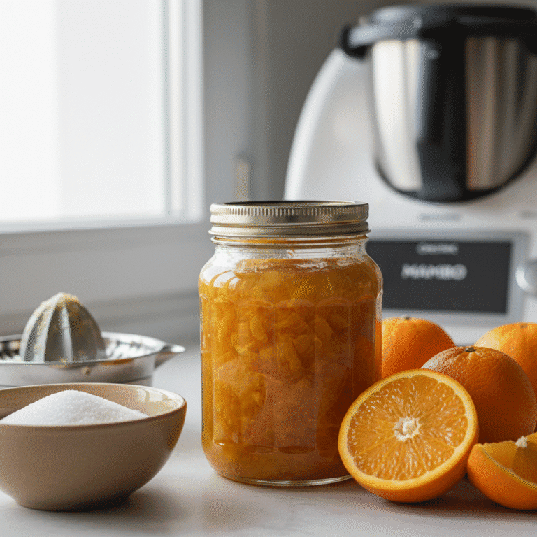 Frasco de mermelada de naranja amarga junto a naranjas frescas y cortadas, preparada con el robot Mambo.