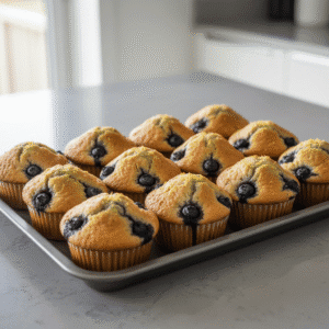 Muffins de arándanos dorados y esponjosos, hechos con Mambo de Cecotec, en una bandeja de cocina.