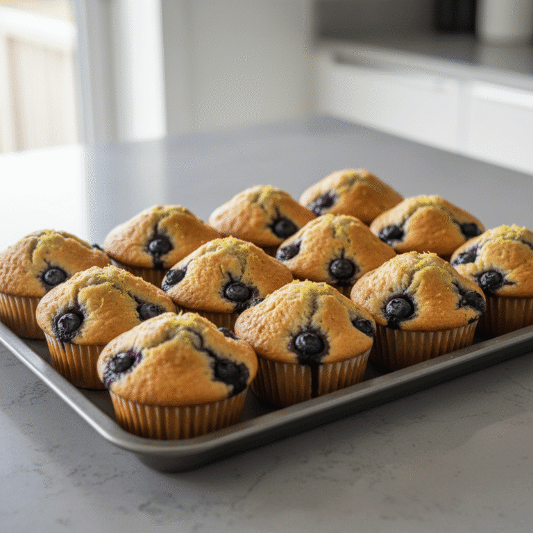 Muffins de arándanos dorados y esponjosos, hechos con Mambo de Cecotec, en una bandeja de cocina.
