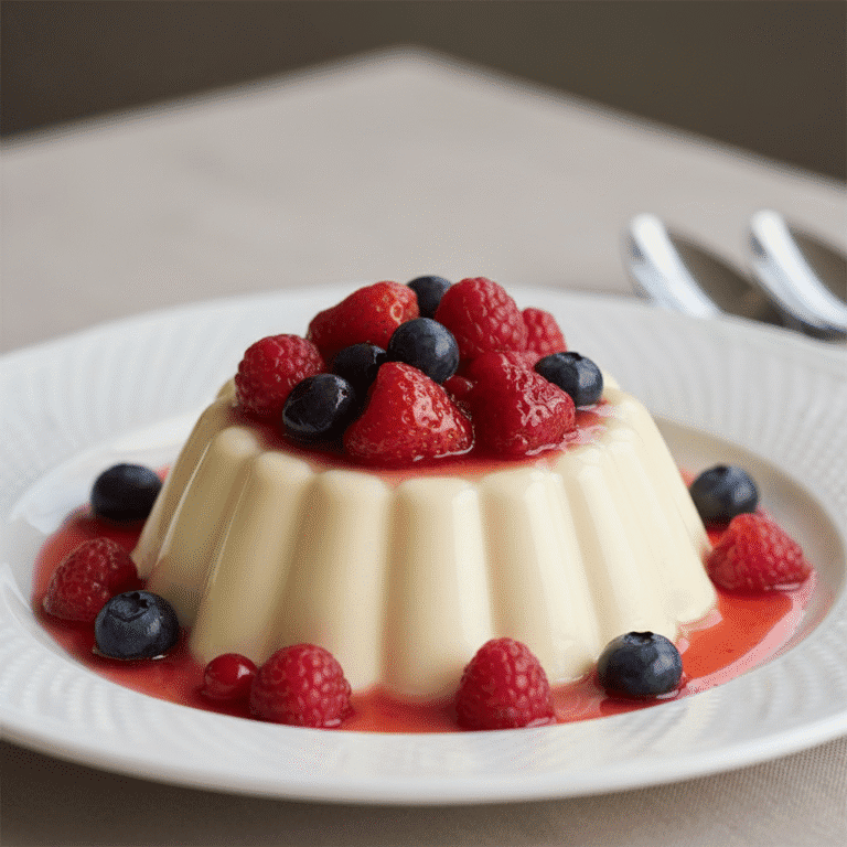 Panna Cotta cremosa con una capa de frutos rojos brillantes encima, preparada con Mambo de Cecotec.