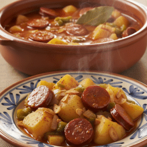 Patatas a la riojana en un plato hondo con chorizo y pimiento, cocinadas en Mambo de Cecotec.