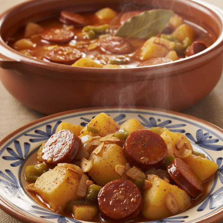 Patatas a la riojana en un plato hondo con chorizo y pimiento, cocinadas en Mambo de Cecotec.