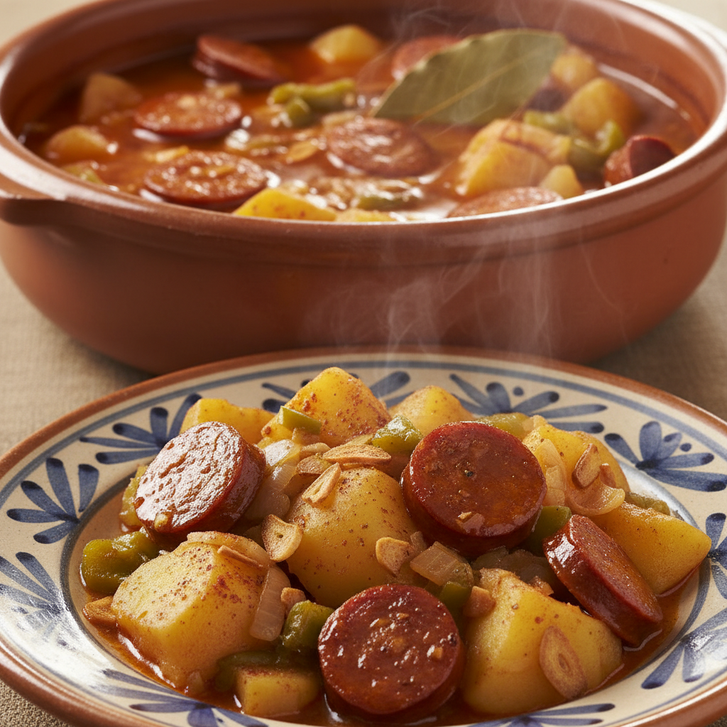 Patatas a la riojana en un plato hondo con chorizo y pimiento, cocinadas en Mambo de Cecotec.