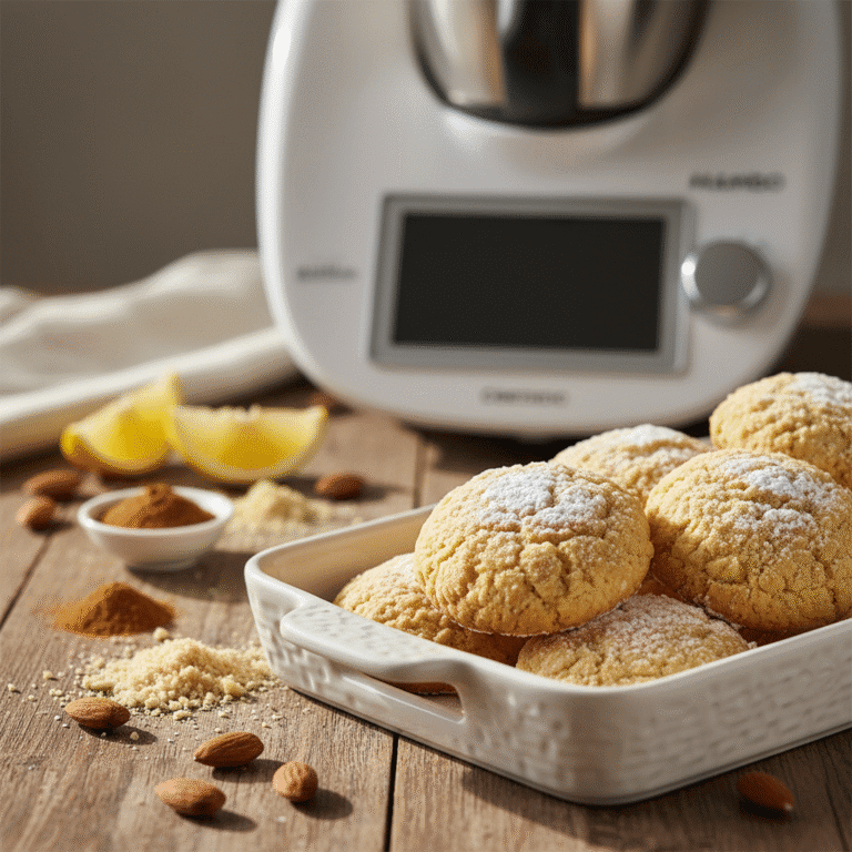 Polvorones de almendra dorados y espolvoreados con azúcar, preparados con Mambo de Cecotec.