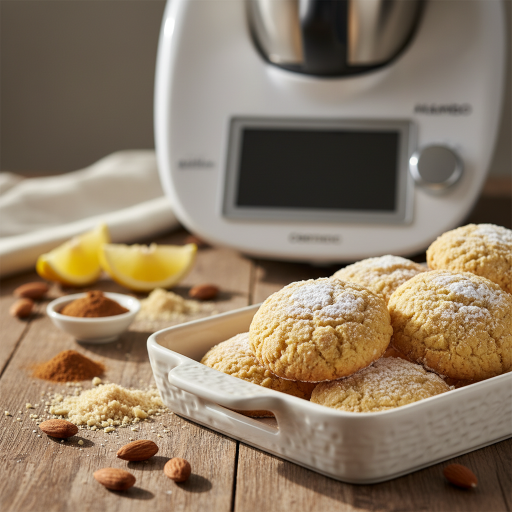 Polvorones de almendra dorados y espolvoreados con azúcar, preparados con Mambo de Cecotec.