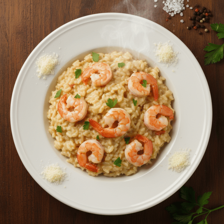 Risotto de langostinos cremoso con toques de perejil, preparado en el robot de cocina Mambo de Cecotec.