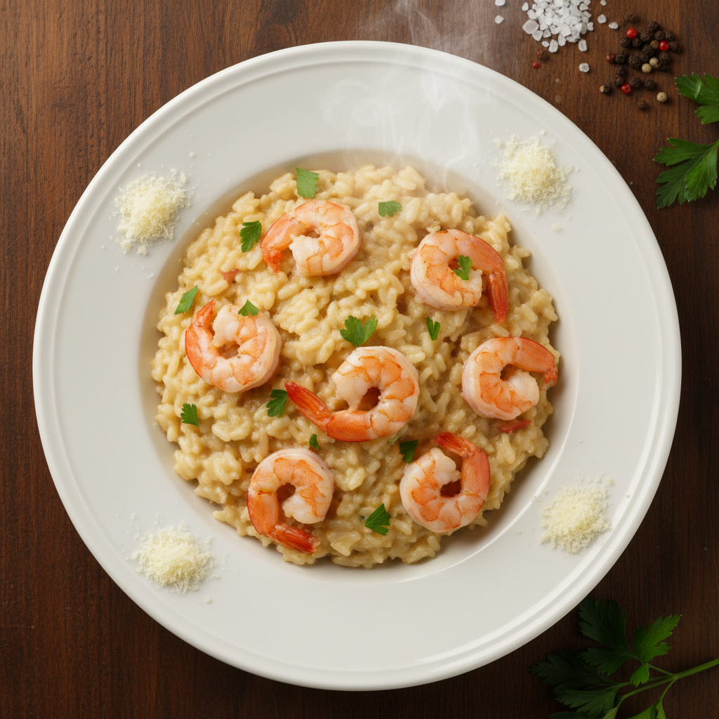 Risotto de langostinos cremoso con toques de perejil, preparado en el robot de cocina Mambo de Cecotec.