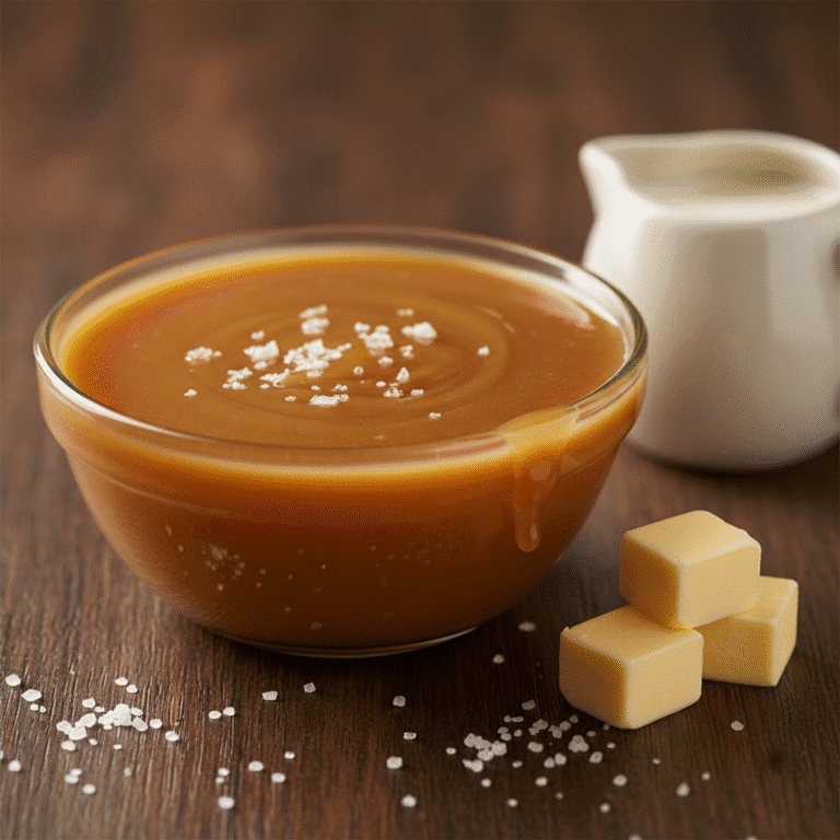 Tarro de salsa de caramelo salado sobre mesa de madera, preparada con Mambo de Cecotec.