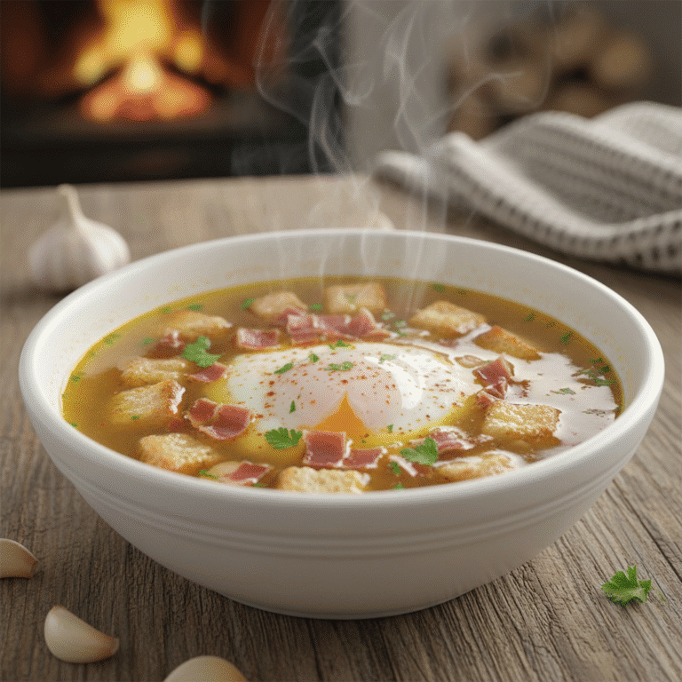Sopa de ajo en un cuenco rústico con huevo y jamón, preparada con Mambo de Cecotec