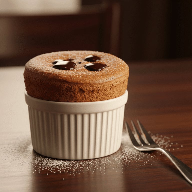 Soufflé de chocolate esponjoso en un plato elegante, preparado con Mambo.
