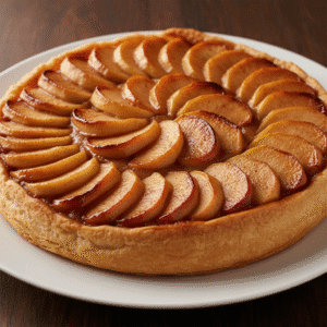 Tarta tatin de manzana con hojaldre dorado y manzanas caramelizadas encima.
