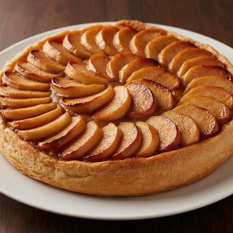 Tarta tatin de manzana con hojaldre dorado y manzanas caramelizadas encima.
