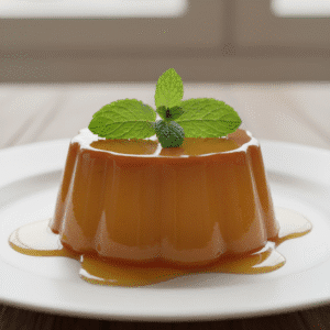 Tocino de cielo suave y brillante servido en plato blanco con decoración de menta, hecho con Mambo de Cecotec.