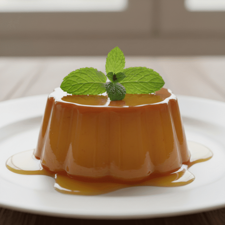 Tocino de cielo suave y brillante servido en plato blanco con decoración de menta, hecho con Mambo de Cecotec.