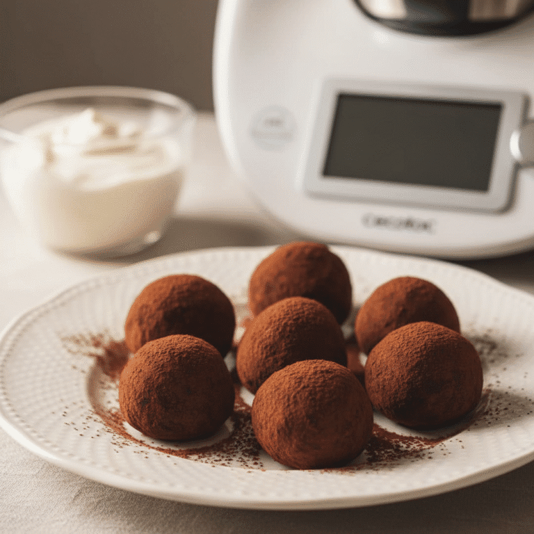 Trufas de chocolate y nata rebozadas en cacao, preparadas con el robot Mambo de Cecotec.