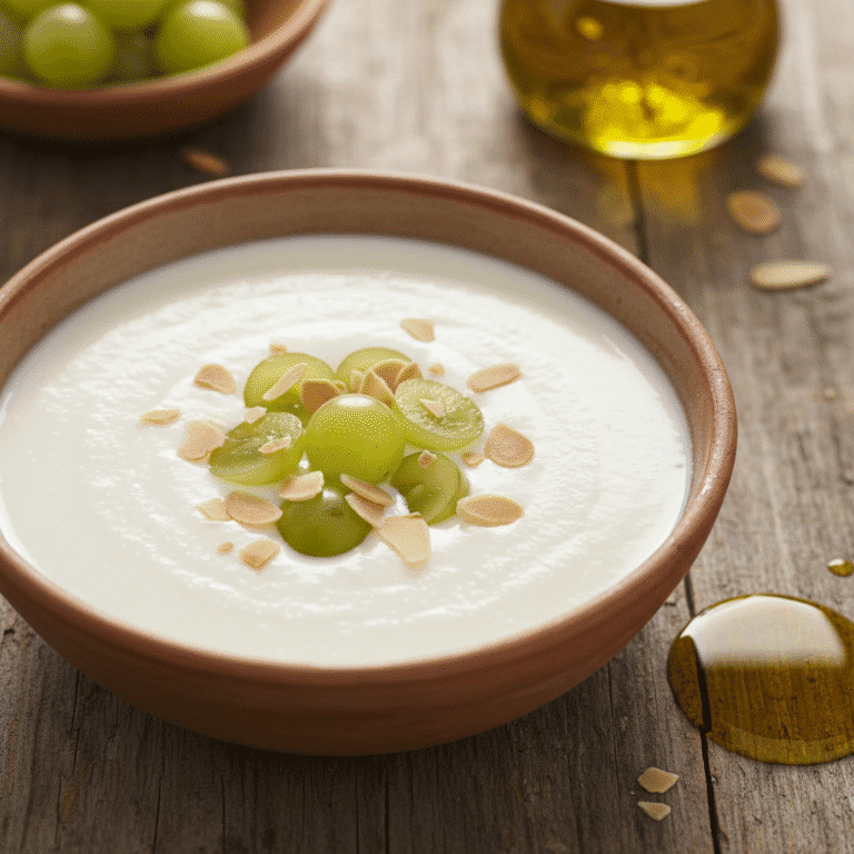 Plato de ajoblanco malagueño servido frío, decorado con almendras y aceite de oliva.
