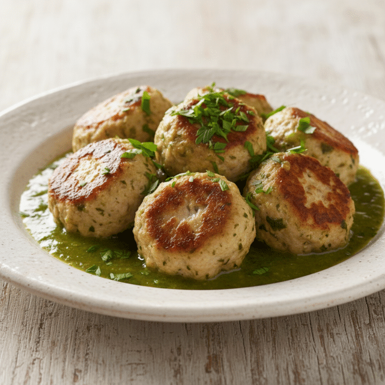 Albóndigas de pescado en salsa verde cocinadas con Mambo, presentadas en un plato blanco.
