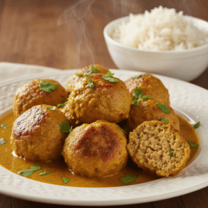 Albóndigas de pollo al curry cocinadas en Mambo, servidas con coriandro fresco.