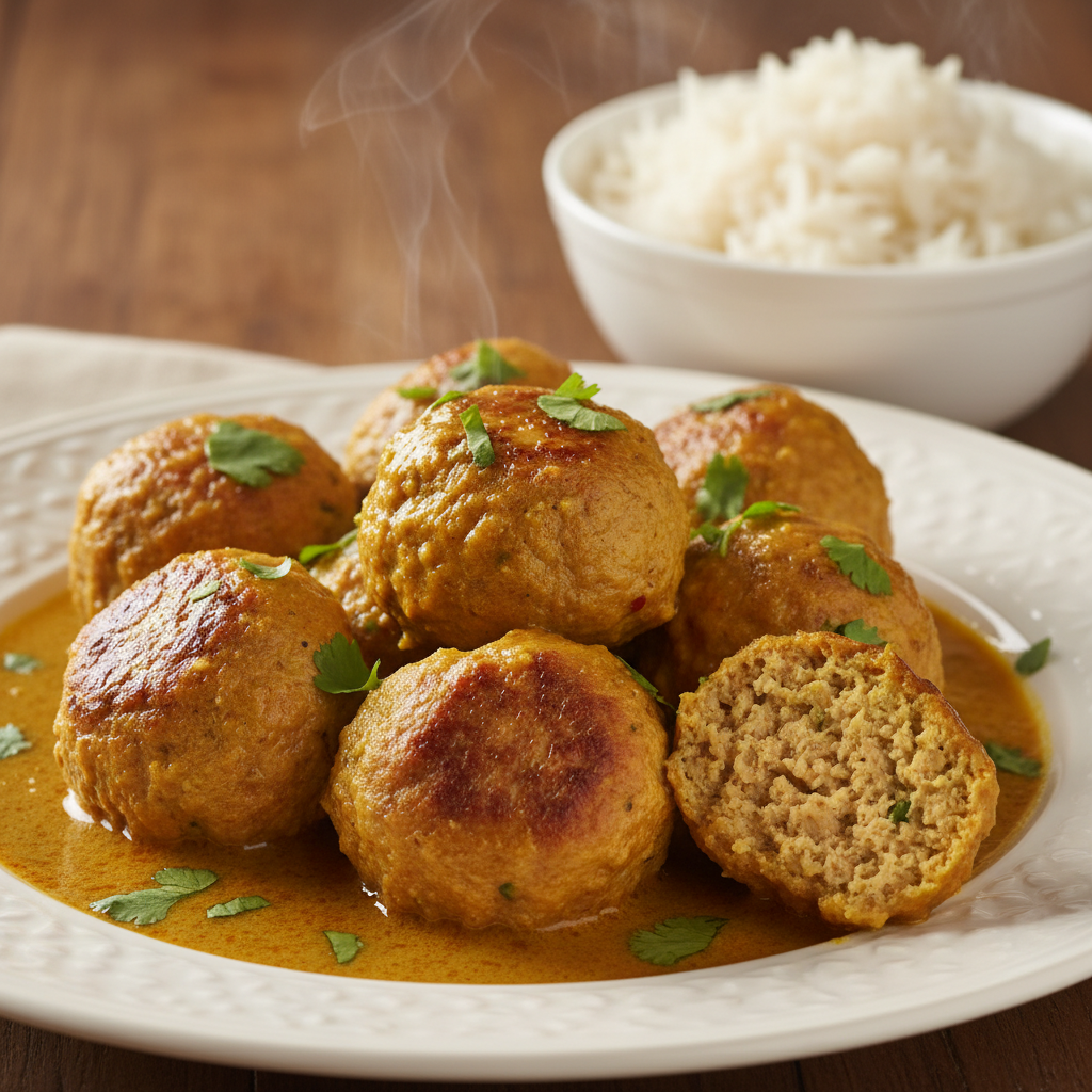 Albóndigas de pollo al curry cocinadas en Mambo, servidas con coriandro fresco.