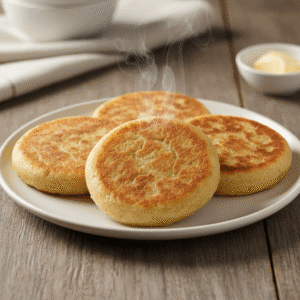 Arepas doradas y esponjosas preparadas con el robot de cocina Mambo de Cecotec en una mesa de madera.