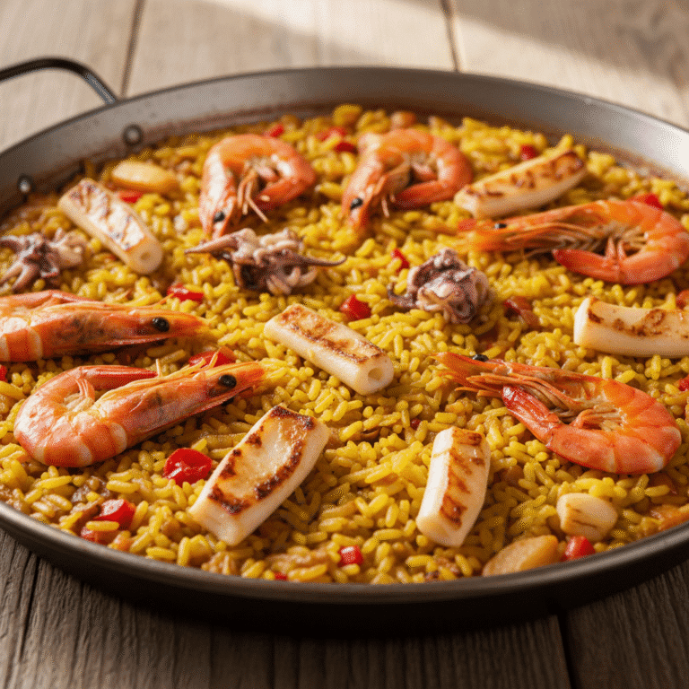 Arroz a banda con sepia y gambas, cocinado en Mambo de Cecotec, servido en plato decorativo.