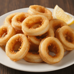Calamares a la romana dorados y crujientes hechos con Mambo, servidos con limón y perejil.
