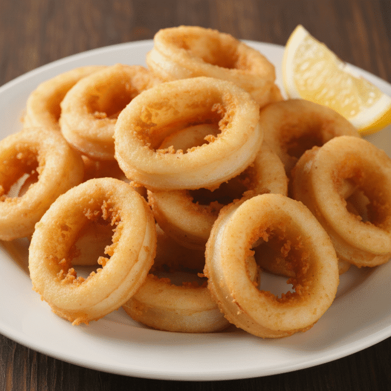 Calamares a la romana dorados y crujientes hechos con Mambo, servidos con limón y perejil.