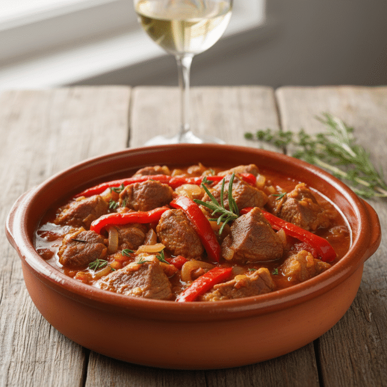 Plato de caldereta de cordero cocinado en Mambo de Cecotec, servido en cazuela de barro y decorado con hierbas frescas.