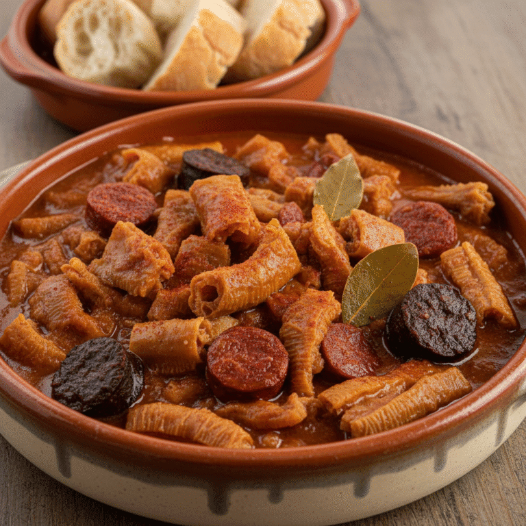 Plato de callos a la madrileña cocinados con Mambo, mostrando una rica textura y color vibrante.