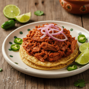 Plato de cochinita pibil con cebolla morada sobre tortilla de maíz, hecho con Mambo de Cecotec.