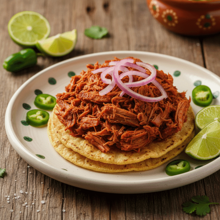 Plato de cochinita pibil con cebolla morada sobre tortilla de maíz, hecho con Mambo de Cecotec.