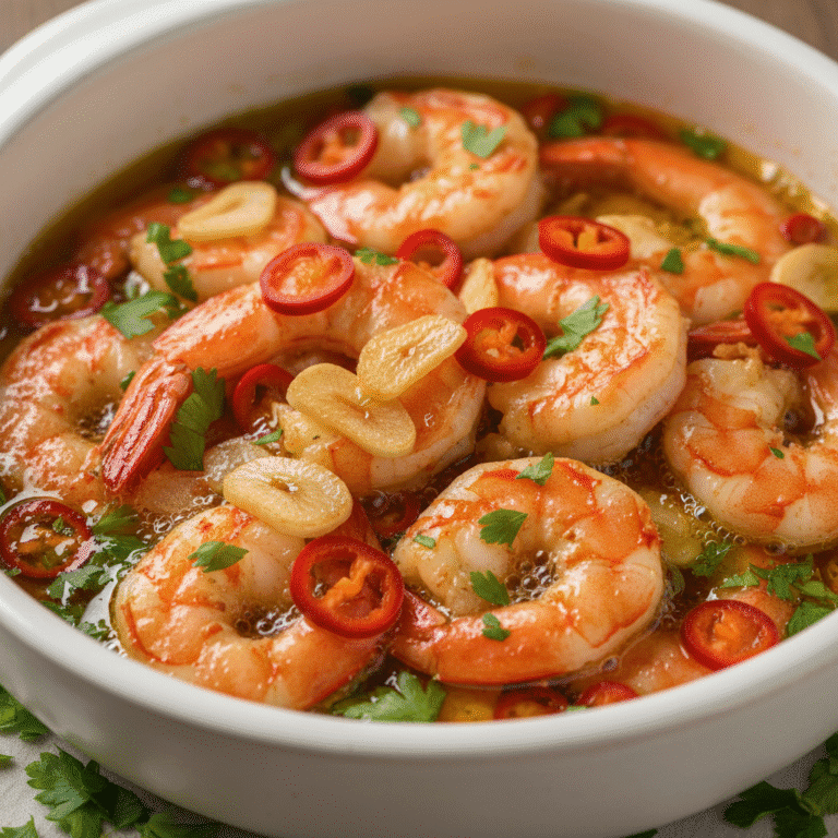 Plato de Gambas al Pil-Pil cocinadas con Mambo, repleto de gambas rojas y aceite dorado, espolvoreado con perejil verde fresco.
