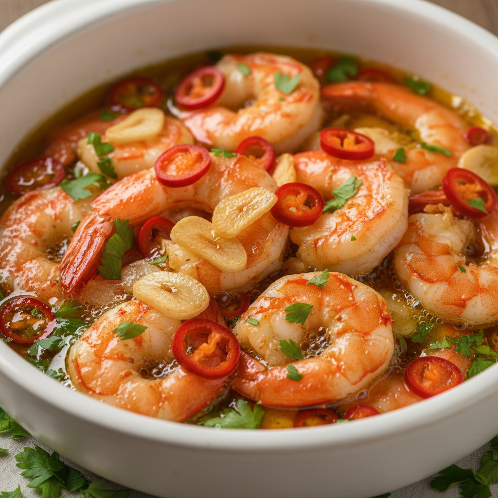 Plato de Gambas al Pil-Pil cocinadas con Mambo, repleto de gambas rojas y aceite dorado, espolvoreado con perejil verde fresco.