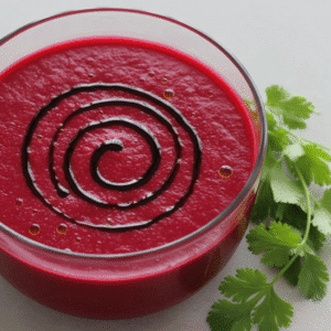 Imagen de gazpacho de remolacha en un cuenco blanco, preparado con Mambo de Cecotec, decorado con perejil y aceite.