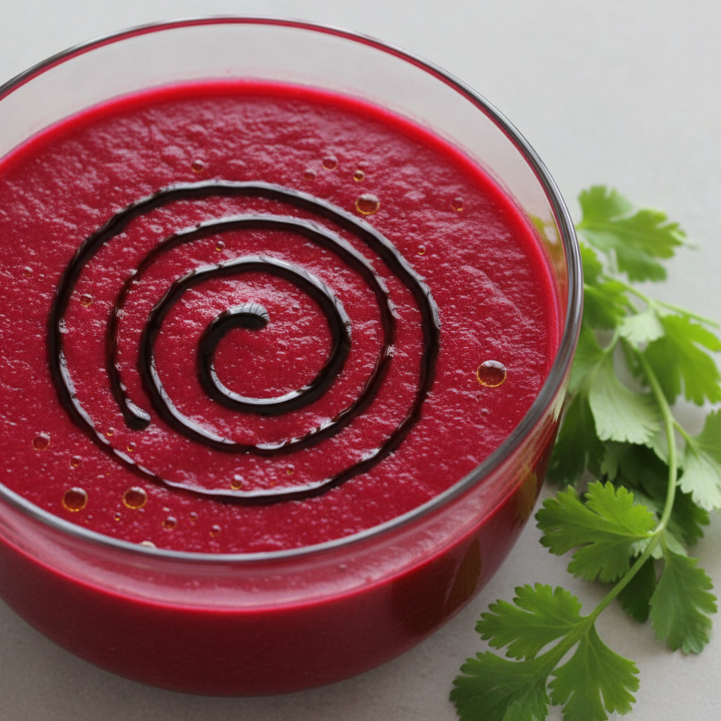 Imagen de gazpacho de remolacha en un cuenco blanco, preparado con Mambo de Cecotec, decorado con perejil y aceite.