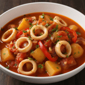Imagen de un guiso de patatas con calamares cocinado en un Mambo de Cecotec, servido caliente con perejil espolvoreado.