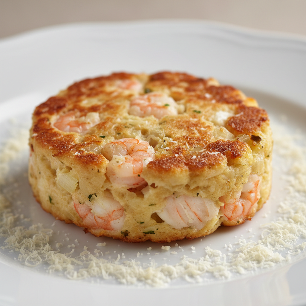Pastel de pescado con merluza y gambas, cocinado en un robot de cocina Mambo de Cecotec, mostrando una superficie dorada y uniforme.