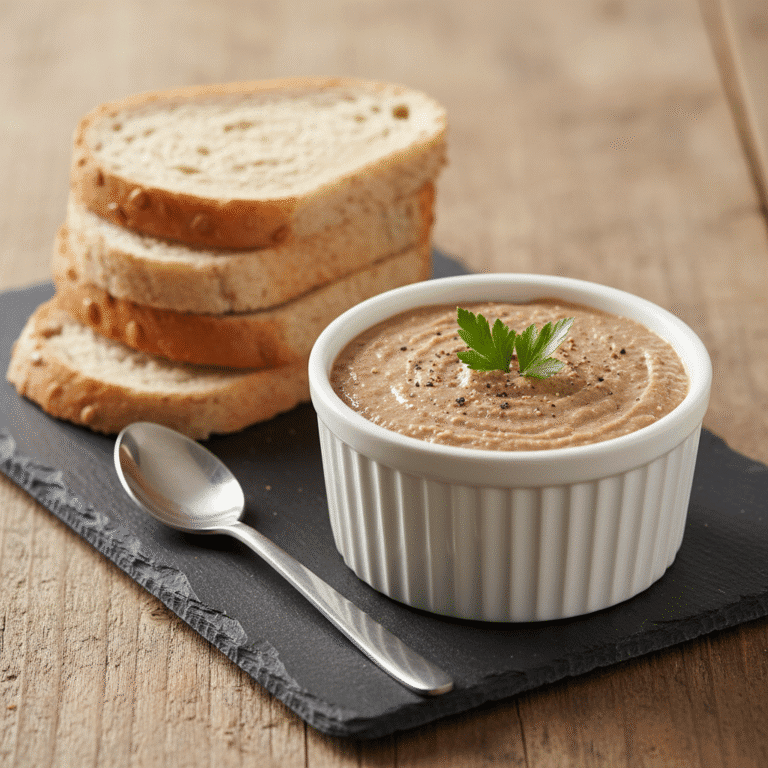 Paté de atún y anchoas servido en un plato con tostadas y decoración de alcaparras y perejil.