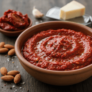 Pesto rojo con tomate seco en un frasco sobre una mesa con ingredientes y Mambo de Cecotec al fondo.