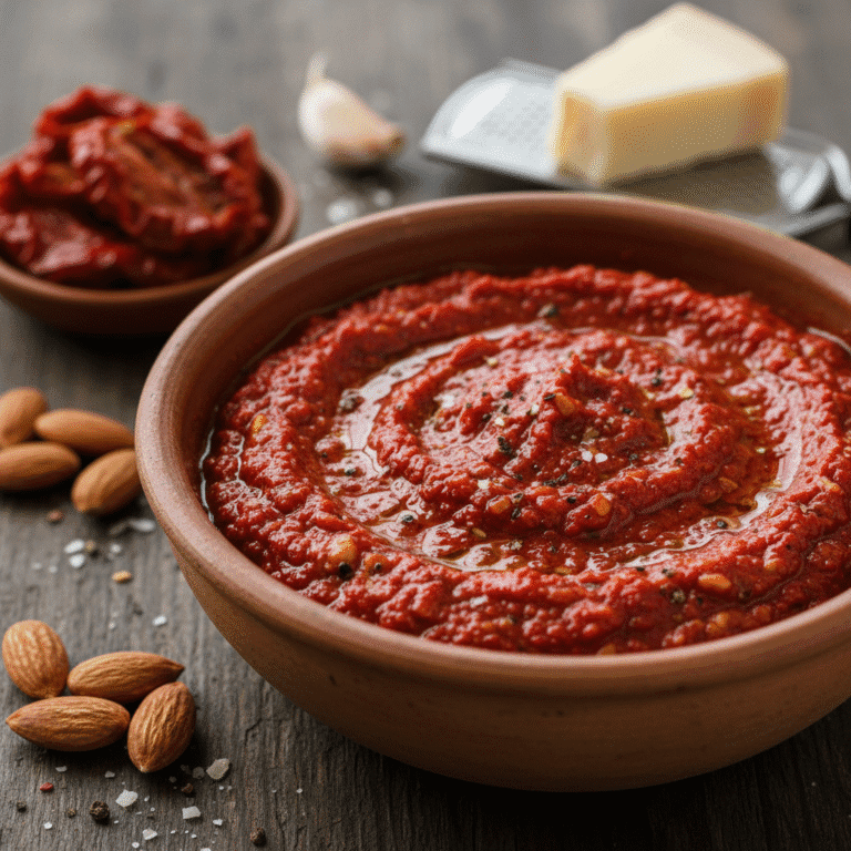 Pesto rojo con tomate seco en un frasco sobre una mesa con ingredientes y Mambo de Cecotec al fondo.