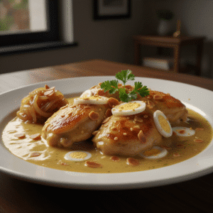 Plato de pollo en pepitoria cocinado con Mambo, mostrando salsa cremosa y trozos de almendra y huevo.