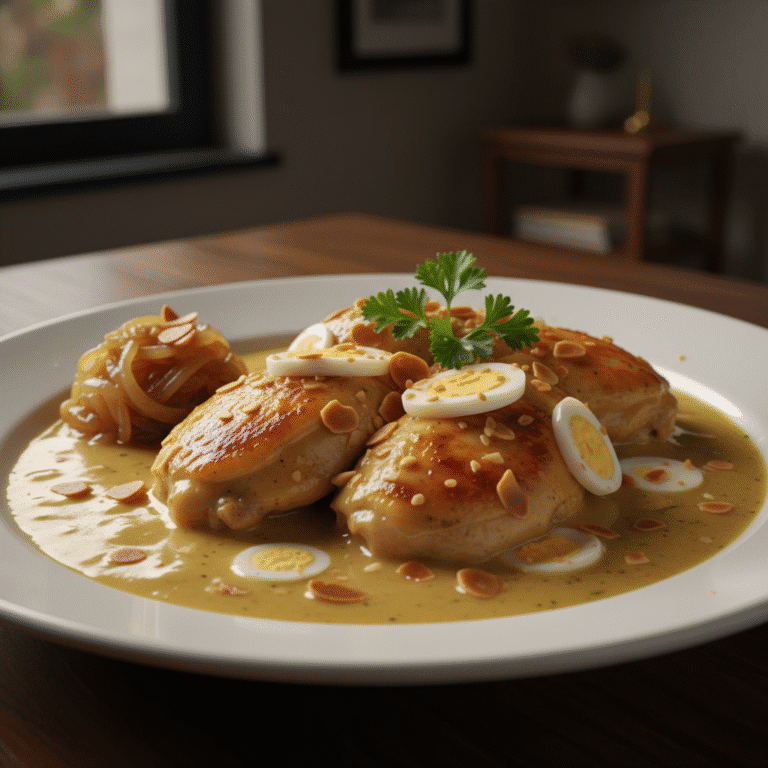 Plato de pollo en pepitoria cocinado con Mambo, mostrando salsa cremosa y trozos de almendra y huevo.
