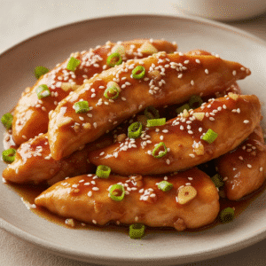 Pollo teriyaki jugoso y brillante preparado con Mambo de Cecotec, adornado con semillas de sésamo y cebolla verde.