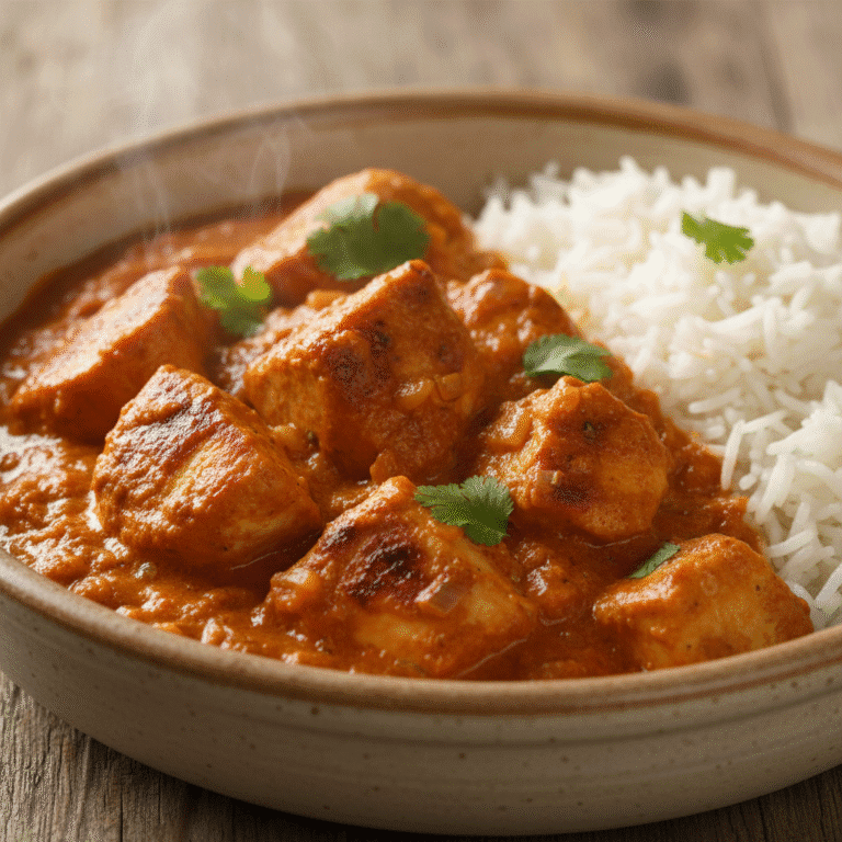 Plato de Pollo Tikka Masala cocinado con Mambo, mostrando trozos de pollo en salsa roja y cremosa