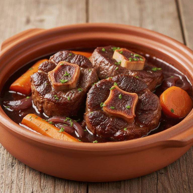 Plato de rabo de toro estofado cocinado con Mambo de Cecotec, mostrando carne tierna y verduras.