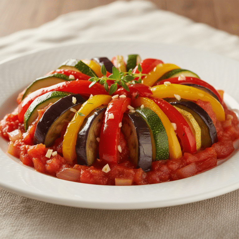 Deliciosa ratatouille hecha en el robot de cocina Mambo de Cecotec, mostrando una mezcla colorida de verduras frescas.