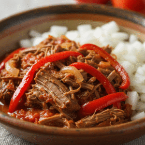 Plato de ropa vieja preparado con Mambo de Cecotec, mostrando carne deshebrada y vegetales cocidos.