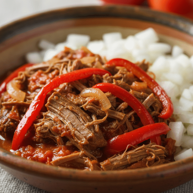 Plato de ropa vieja preparado con Mambo de Cecotec, mostrando carne deshebrada y vegetales cocidos.